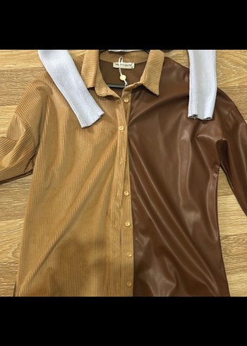 Düğmeli Kahverengi Deri Kadın Gömlek - Görsel 2