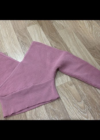 Pembe V Yaka Örgü Kadın Kazak - Görsel 2