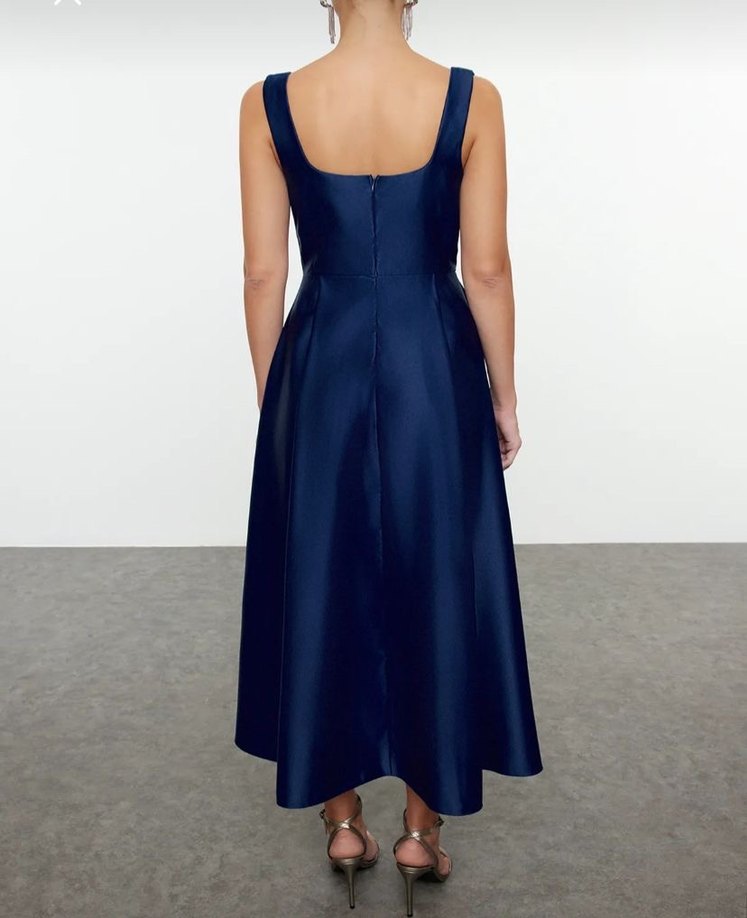 Lacivert Drapeli Straplez Midi Abiye Elbise - Görsel 2