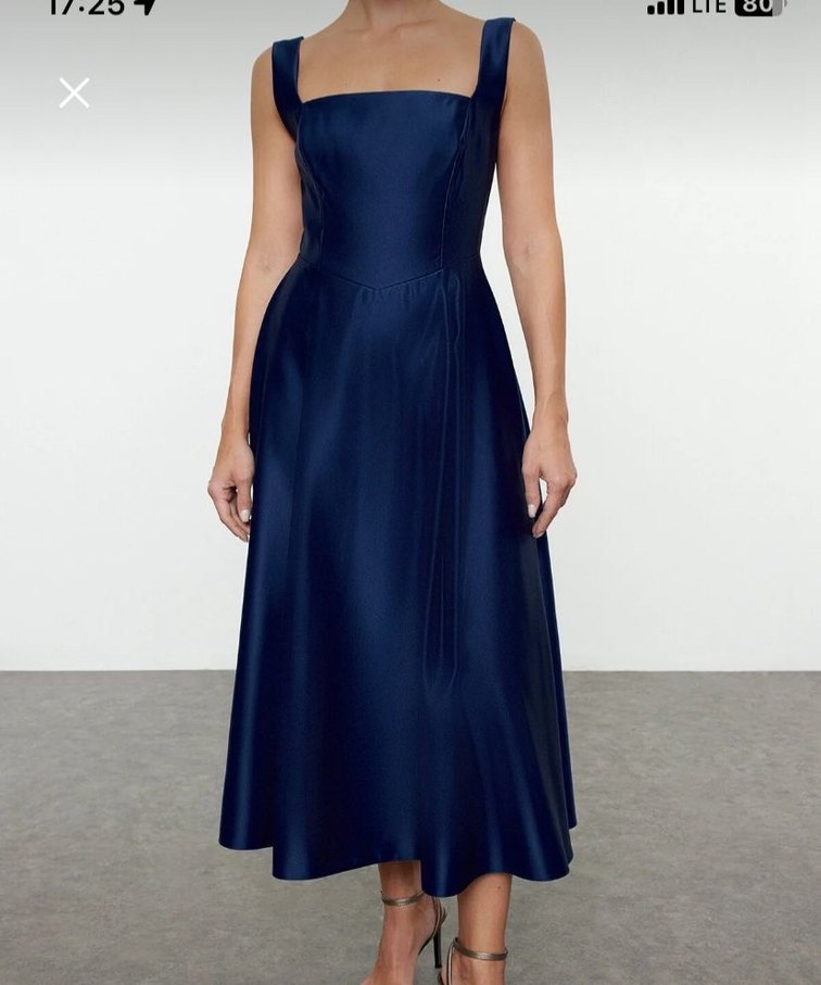 Lacivert Drapeli Straplez Midi Abiye Elbise - Görsel 3