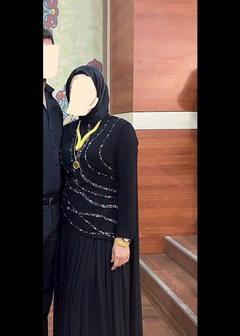 Uzun Kollu Siyah Nakışlı Uzun Abiye Elbise - Görsel 5