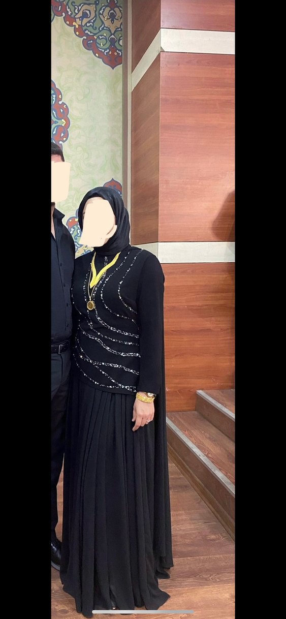 Uzun Kollu Siyah Nakışlı Uzun Abiye Elbise - Görsel 5