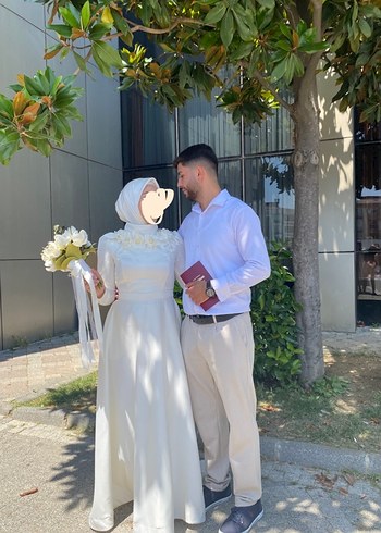 Uzun Kollu Yüksek Yaka Beyaz A Kesim Gelinlik - Görsel 5