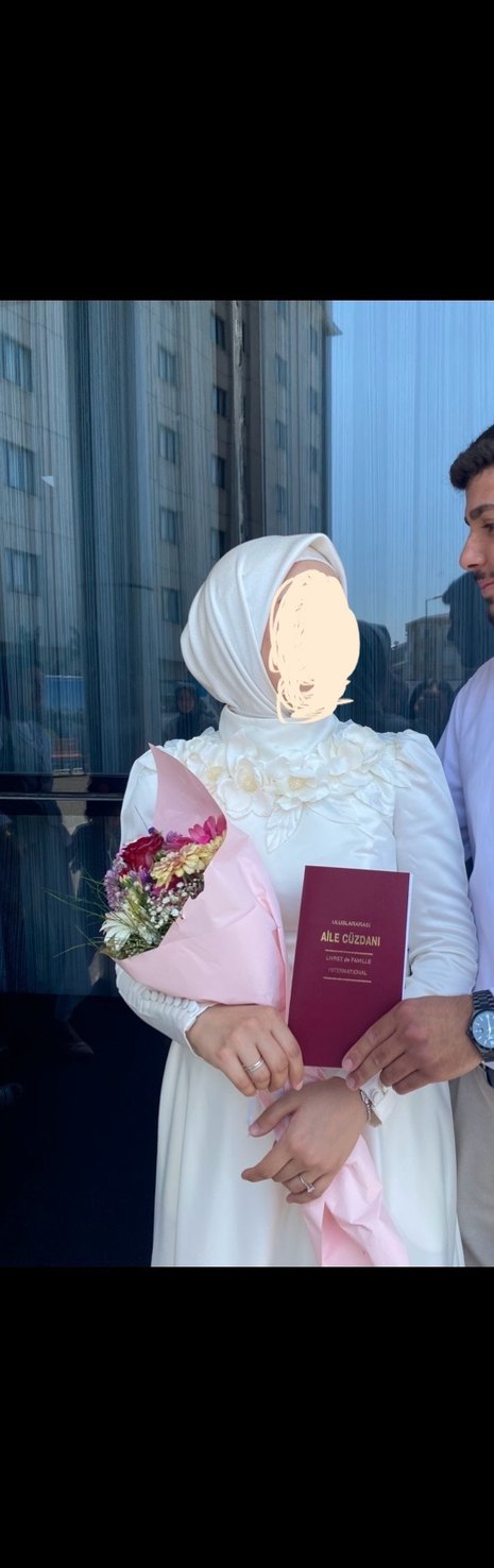 Uzun Kollu Yüksek Yaka Beyaz A Kesim Gelinlik - Görsel 4