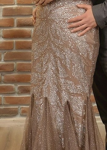 Bej Parlak Yılan Desenli Uzun Abiye Elbise - Görsel 2