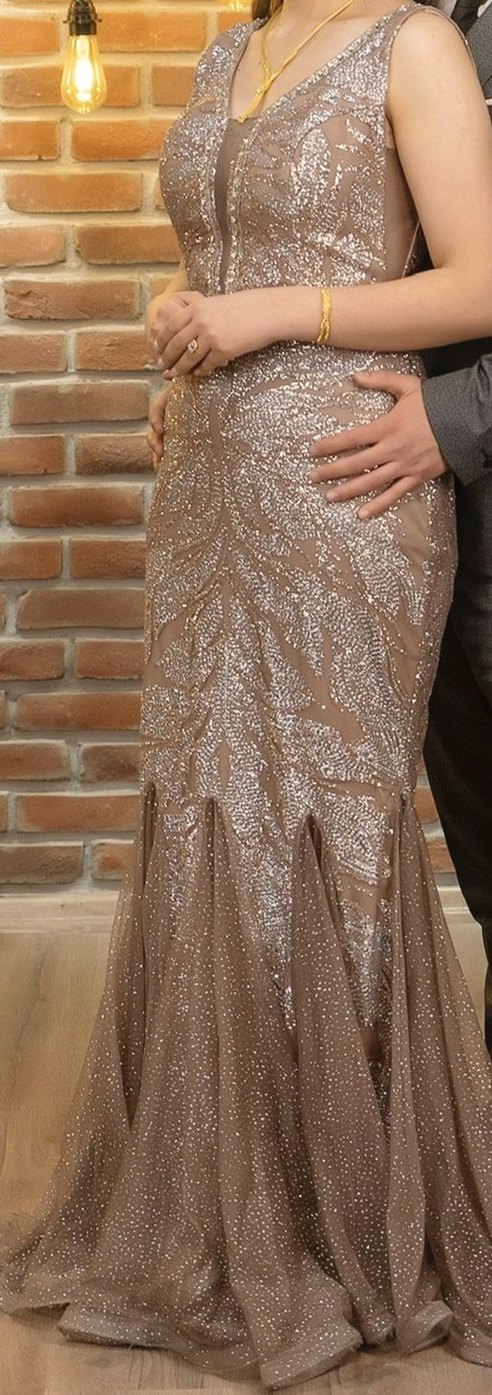 Bej Parlak Yılan Desenli Uzun Abiye Elbise - Görsel 2