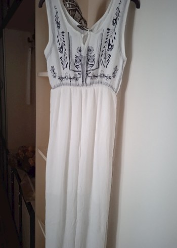 Nakışlı Beyaz Uzun Bohem Elbise - Görsel 3