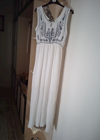 Nakışlı Beyaz Uzun Bohem Elbise - Görsel 2
