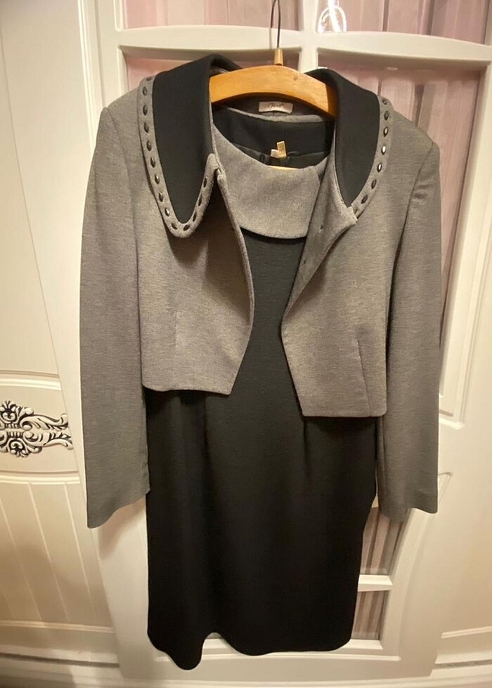 Bayan gri siyah ceketli abiye elbise - Görsel 2