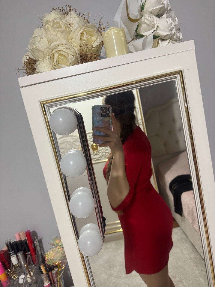 Kırmızı V Yaka Mini Elbise - Görsel 2