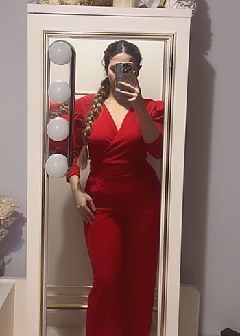 Kırmızı V Yakalı Kadın Tulum - Görsel 2