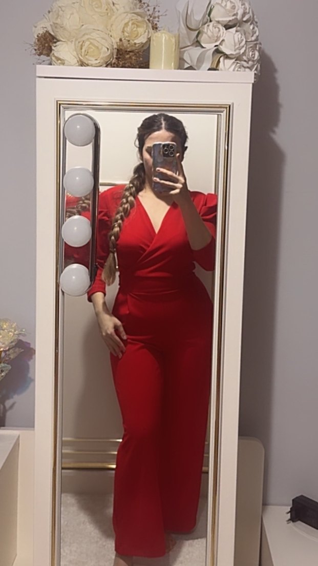 Kırmızı V Yakalı Kadın Tulum - Görsel 2