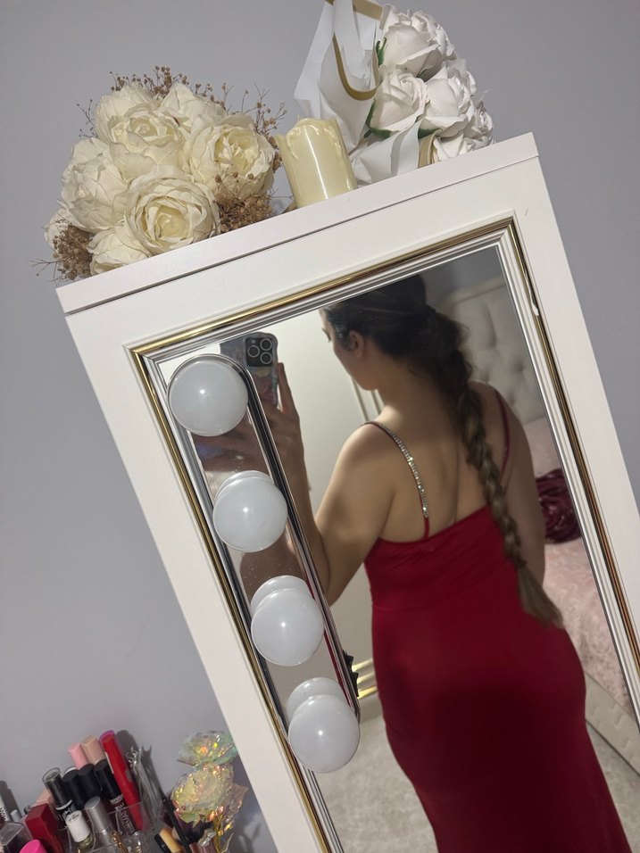 Kırmızı Drapeli Uzun Askılı Kadın Elbise - Görsel 2