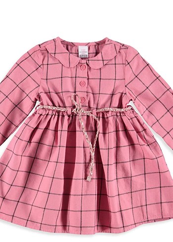 Pembe Kareli Pamuklu Kız Elbisesi