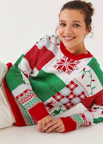 Renkli Desenli Kadın Triko Kazak yıl başı kazağı - Görsel 3