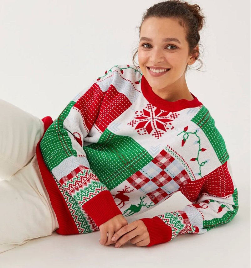 Renkli Desenli Kadın Triko Kazak yıl başı kazağı - Görsel 3