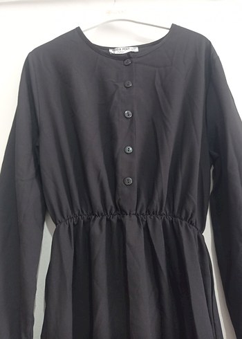 Düğmeli Siyah Uzun Keten Elbise - Görsel 3