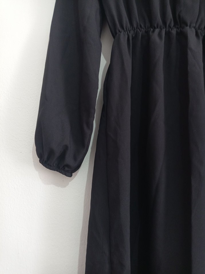 Düğmeli Siyah Uzun Keten Elbise - Görsel 2