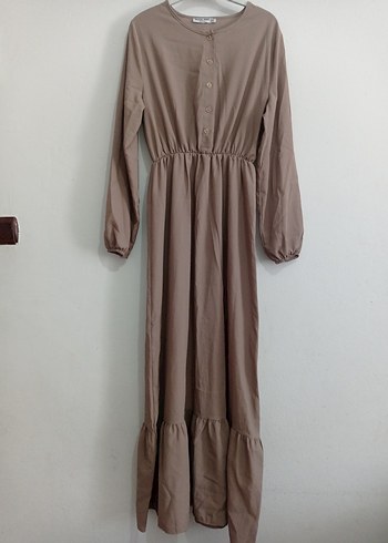 Bej Uzun Keten Elbise Düğmeli - Görsel 2