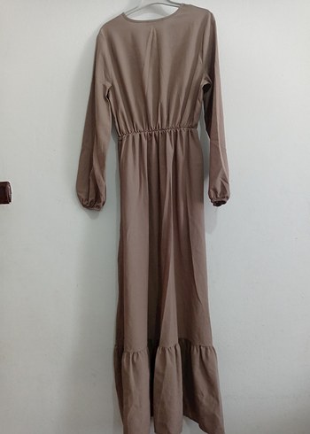 Bej Uzun Keten Elbise Düğmeli - Görsel 3