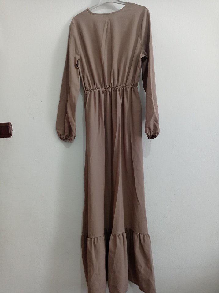 Bej Uzun Keten Elbise Düğmeli - Görsel 3