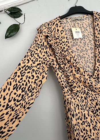 Uzun Kollu V Yaka Leopar Desenli Elbise - Görsel 4