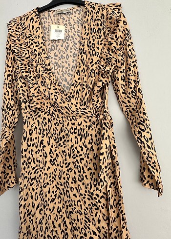 Uzun Kollu V Yaka Leopar Desenli Elbise - Görsel 5