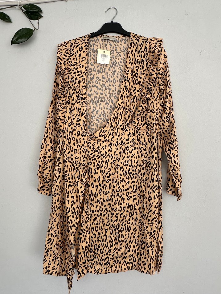 Uzun Kollu V Yaka Leopar Desenli Elbise - Görsel 2