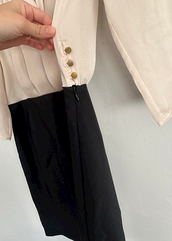 Bej Siyah Midi Drapeli Kadın Elbise - Görsel 3