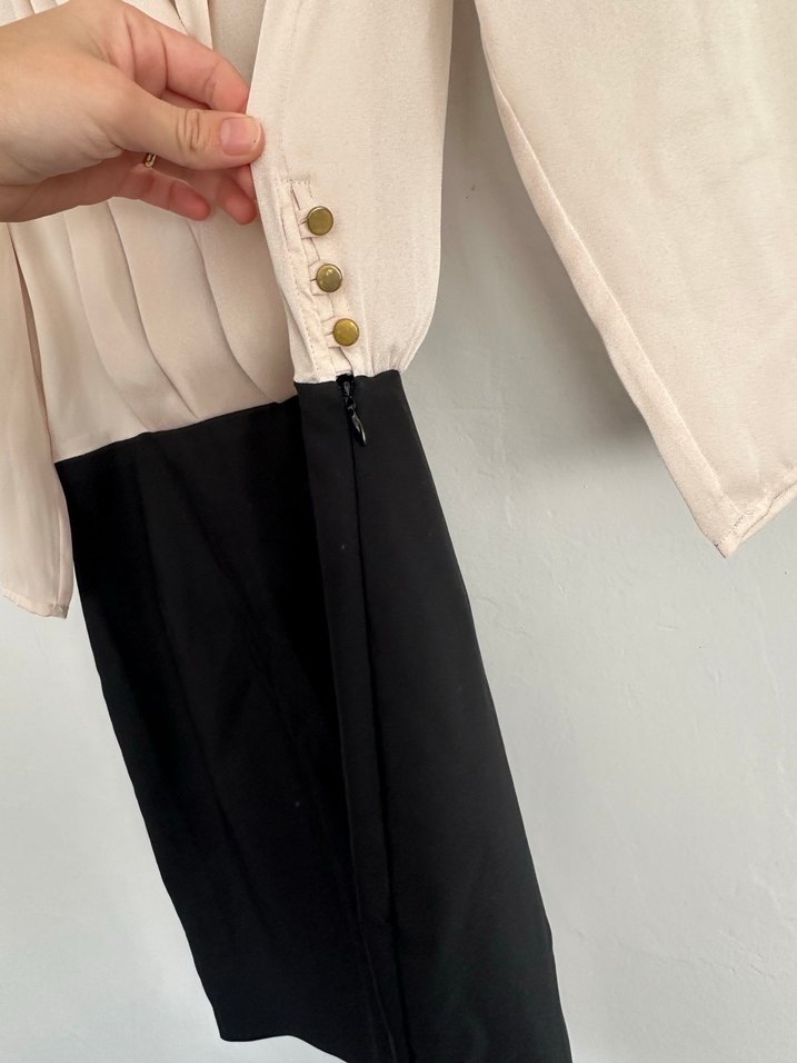 Bej Siyah Midi Drapeli Kadın Elbise - Görsel 3