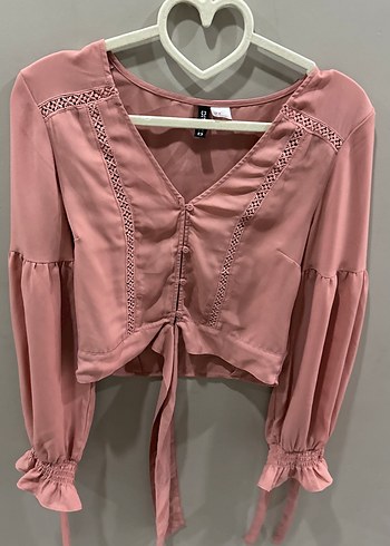 Düğmeli V Yaka Pembe Uzun Kollu Bluz
