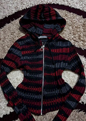 Kapüşonlu Kırmızı Siyah Vintage Hırka - Görsel 2