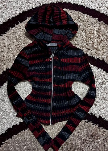 Kapüşonlu Kırmızı Siyah Vintage Hırka - Görsel 4