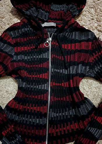 Kapüşonlu Kırmızı Siyah Vintage Hırka - Görsel 3