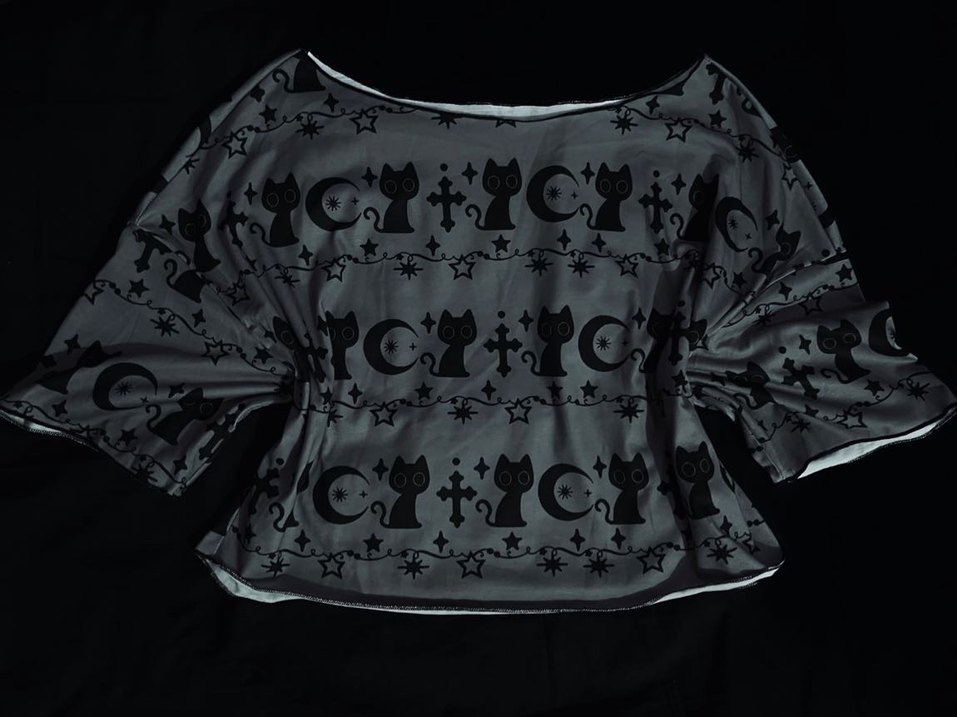 Kara Kedi ve Ay Desenli Crop Bluz - Görsel 3