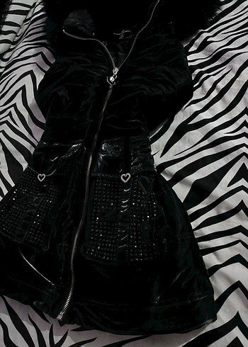 Kapüşonlu Fur Kürklü Vintage Emo Mont / Yelek - Görsel 3