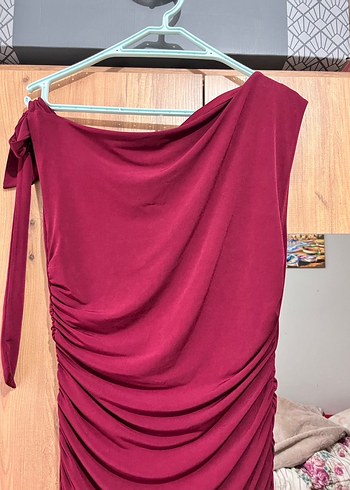 Bordo Drapeli Uzun Elbise - Görsel 3