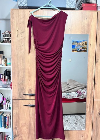 Bordo Drapeli Uzun Elbise - Görsel 2