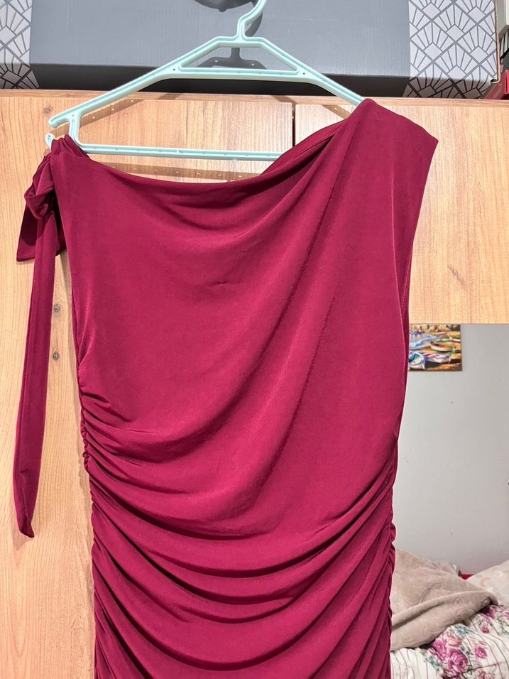 Bordo Drapeli Uzun Elbise - Görsel 3