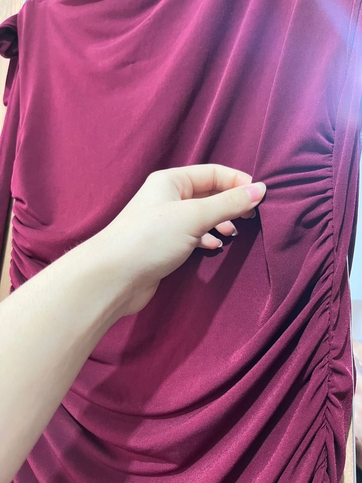 Bordo Drapeli Uzun Elbise - Görsel 5