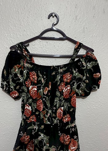 Uzun Siyah Çiçekli Bohem Kadın Elbise - Görsel 2