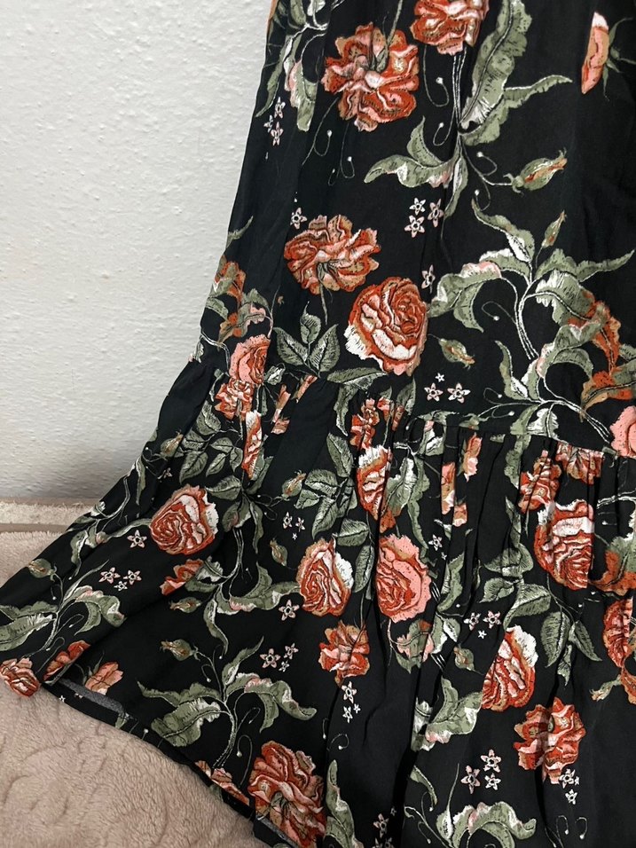 Uzun Siyah Çiçekli Bohem Kadın Elbise - Görsel 4