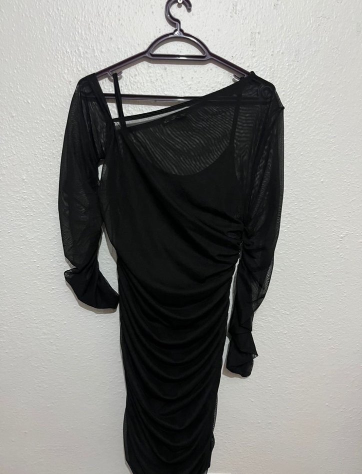 Siyah Transparan Drapeli Uzun Kalem Elbise - Görsel 2