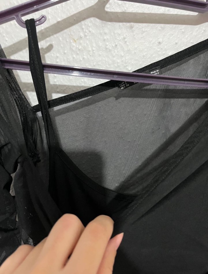 Siyah Transparan Drapeli Uzun Kalem Elbise - Görsel 5