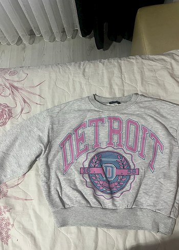 Gri Kadın Detroit Baskılı Sweatshirt