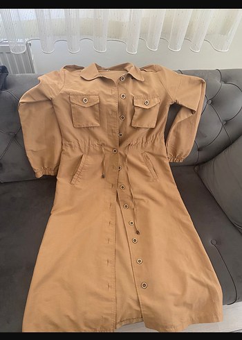 Bej Düğmeli Uzun Keten Trençkot - Görsel 4