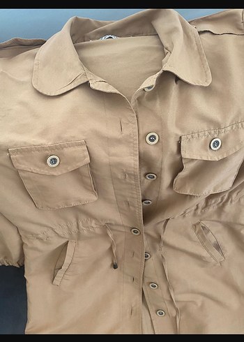 Bej Düğmeli Uzun Keten Trençkot - Görsel 2