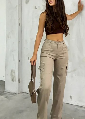 Pull and Bear Bej Kemerli Regular Fit Kadın Pantolon yanları cepli