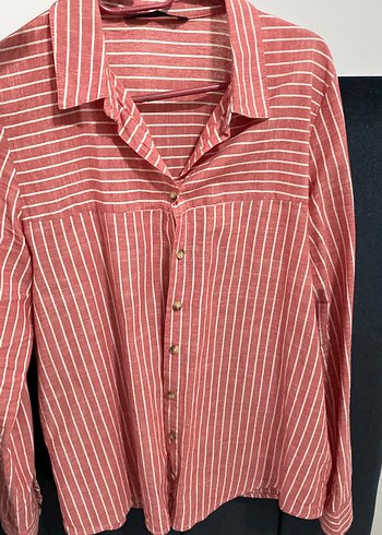 Düğmeli Kırmızı Çizgili Keten Kadın Gömlek - Görsel 4