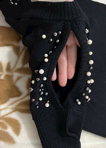 İnci Detaylı Siyah Kadın Triko Kazak - Görsel 5